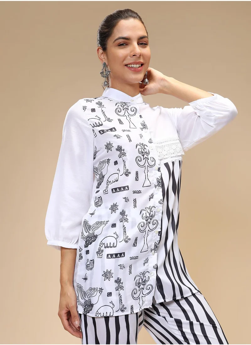  قصة Women's Midnight Black Striped Block Print Kurti With Trousers