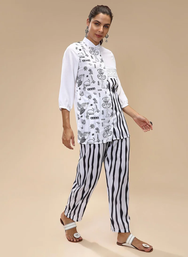  قصة Women's Midnight Black Striped Block Print Kurti With Trousers