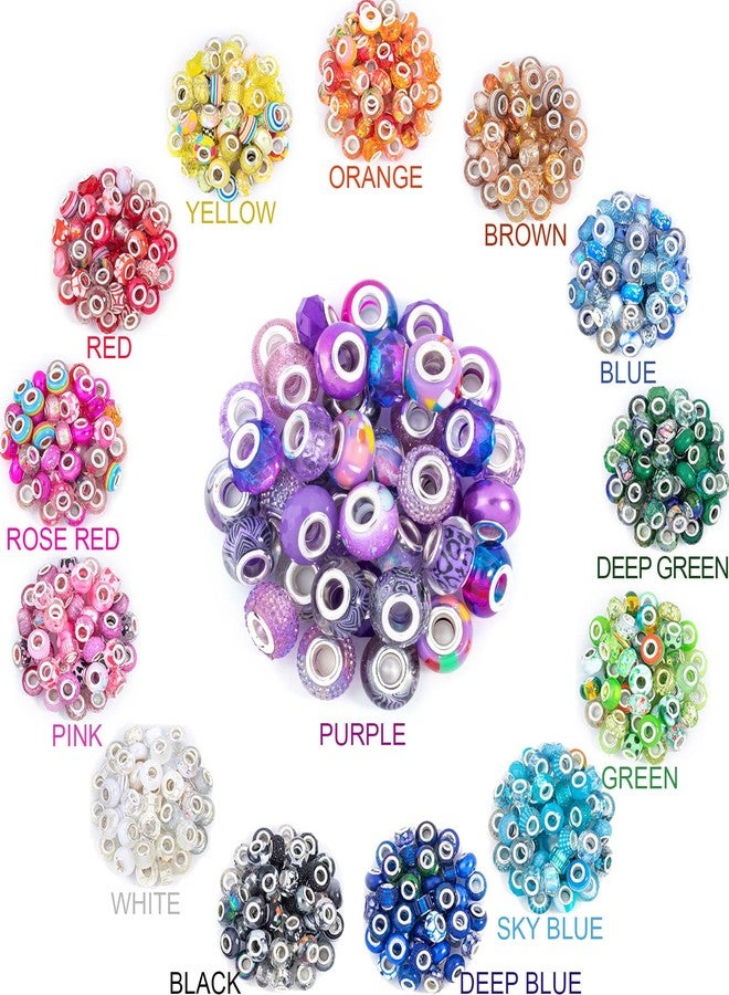 EXWAY 220 Pieces European Large Hole Beads, Assorted European Craft Beads Mixed Color Rhinestone Lampwork Beads Large Hole Spacer Beads for DIY Charms Bracelet Necklace Earring Jewelry Making Supplies - Image 2