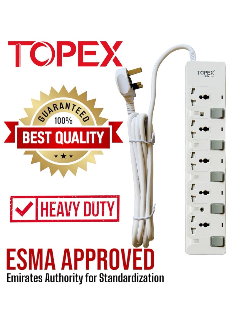 TOPEX - 5 Way Extension Socket 13A With 3 meter cable - Extension Strip With Led Indicators | Child Safe |Extra Long Cord with Over Current Protected - Image 1