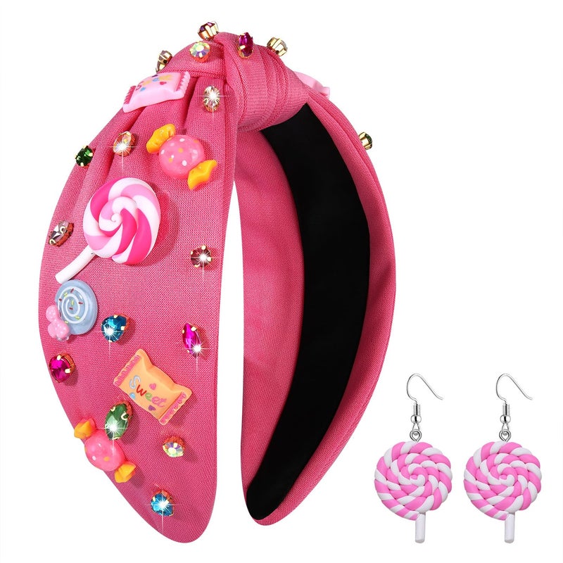 Knotted Headband for Women Gummy Bear Lollipop Candy Crystal Embellished Top Knot Hairband Funny Gifts for Girls Sister Bff Lollipop Candy Headband