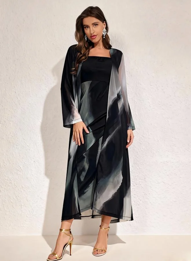 Take Two Black Mesh Open Front Cardigan and Sleeveless Midi Dress Co-Ords