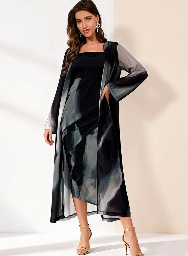 Take Two Black Mesh Open Front Cardigan and Sleeveless Midi Dress Co-Ords