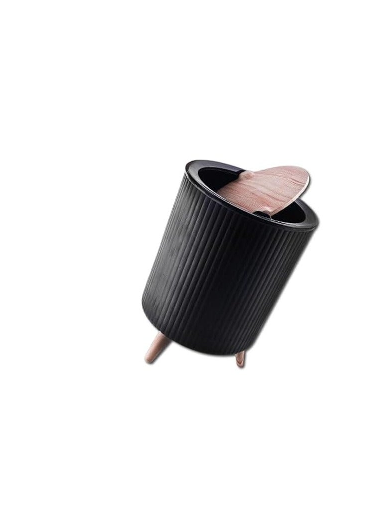 Decoration Trash Can, Creative Sliding Lid and Wooden Legs, Black  - Image 1