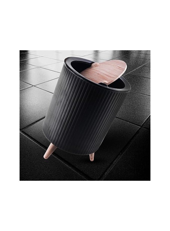 Decoration Trash Can, Creative Sliding Lid and Wooden Legs, Black  - Image 4
