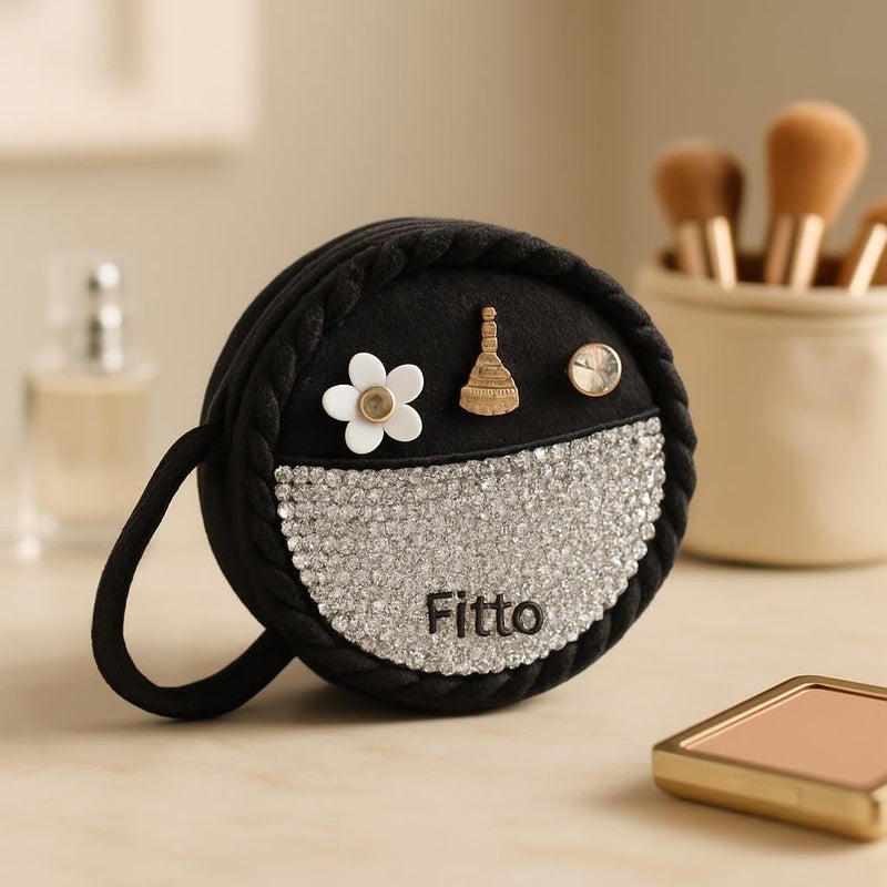 FITTO حقيبة مكياج صغيرة دائرية من الصوف مع مقبض - سوداء، منظم مكياج محمول للسفر - Image 2