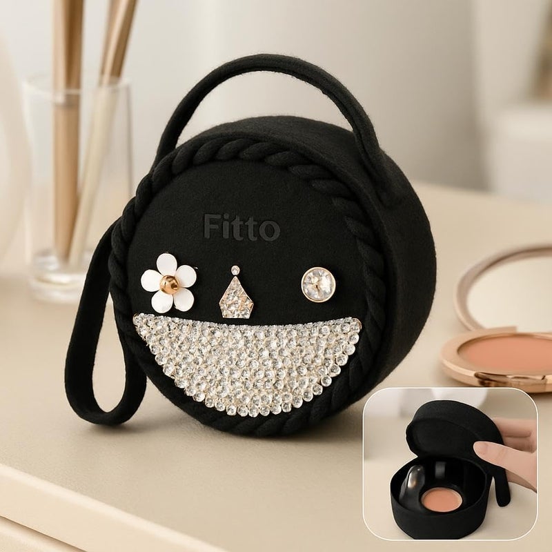 FITTO حقيبة مكياج صغيرة دائرية من الصوف مع مقبض - سوداء، منظم مكياج محمول للسفر - Image 3