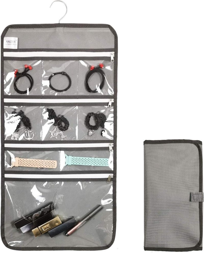 ANIZER Travel Foldable Jewelry Rolls Bag Hanging Jewelry Organizer with 9 Zippered Clear Pockets Storage Pouch with Rotatable Hanger (GREY) - Image 1
