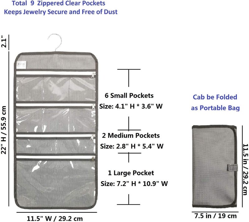 ANIZER Travel Foldable Jewelry Rolls Bag Hanging Jewelry Organizer with 9 Zippered Clear Pockets Storage Pouch with Rotatable Hanger (GREY) - Image 2