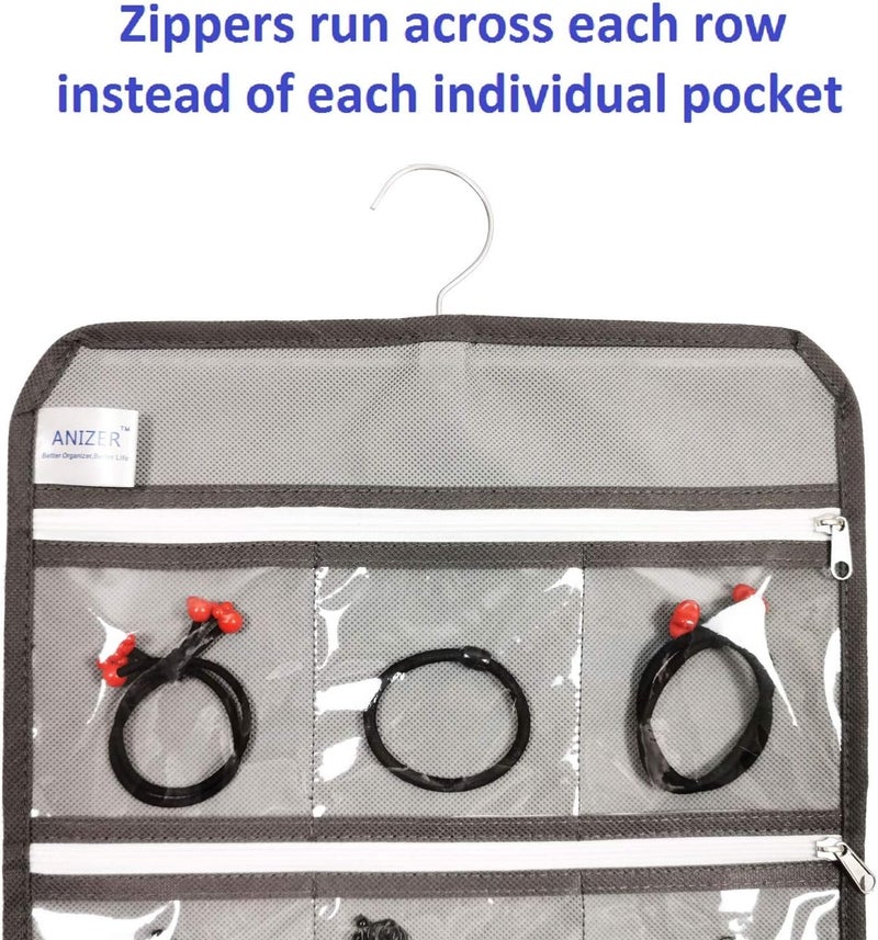 ANIZER Travel Foldable Jewelry Rolls Bag Hanging Jewelry Organizer with 9 Zippered Clear Pockets Storage Pouch with Rotatable Hanger (GREY) - Image 3