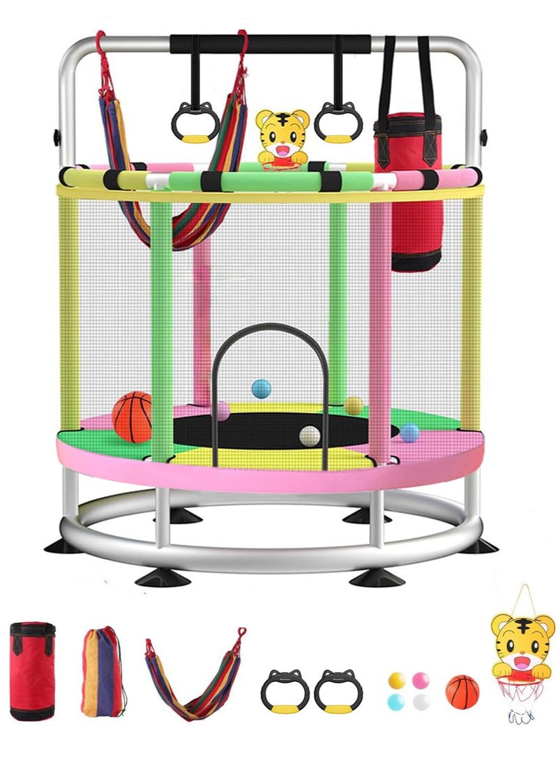 XiuWoo Trampoline for Kids, 140cm Toddler Trampoline Indoor and Outdoor,Load Bearing 250kg Kids Trampoline with Enclosure Net, Mini Trampoline with Swing Sandbag Basketball Hoop Adjustable Gymnastics Bar  - Image 1