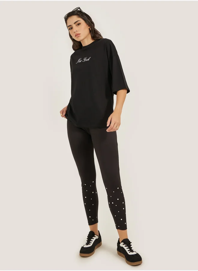 Styli Embroidered Slogan Round Neck Oversized T-Shirt