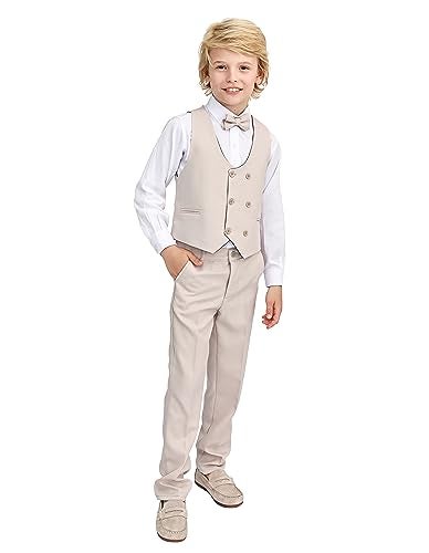 Lilax Toddler & Little Boys Suit Set, Formal Suit Vest, White Dress Shirt, Dress Pants and Bowtie 4 Piece Suit Set (6 Years, Beige) - Image 1