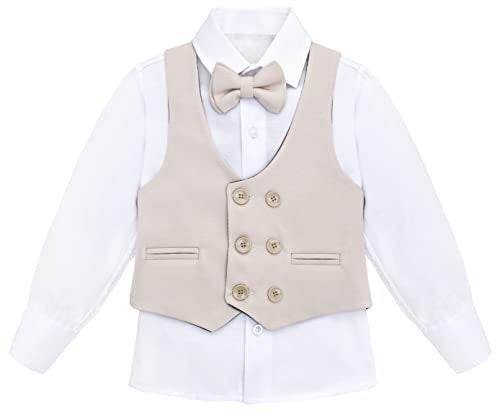 Lilax Toddler & Little Boys Suit Set, Formal Suit Vest, White Dress Shirt, Dress Pants and Bowtie 4 Piece Suit Set (6 Years, Beige) - Image 4