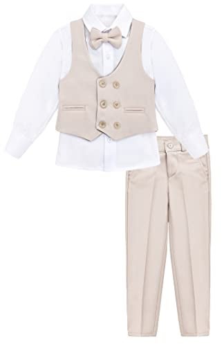 Lilax Toddler & Little Boys Suit Set, Formal Suit Vest, White Dress Shirt, Dress Pants and Bowtie 4 Piece Suit Set (6 Years, Beige) - Image 2
