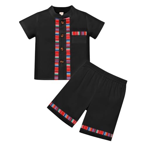 AWIBMK Baby Boys Mexican Outfit Short Sleeve Button Down Embroidery Colorful Detail Guayabera Shirt and Shorts Toddler Kids Traditional Ethnic Wear Cinco De Mayo Fiesta 2 Pieces Clothes - Image 1