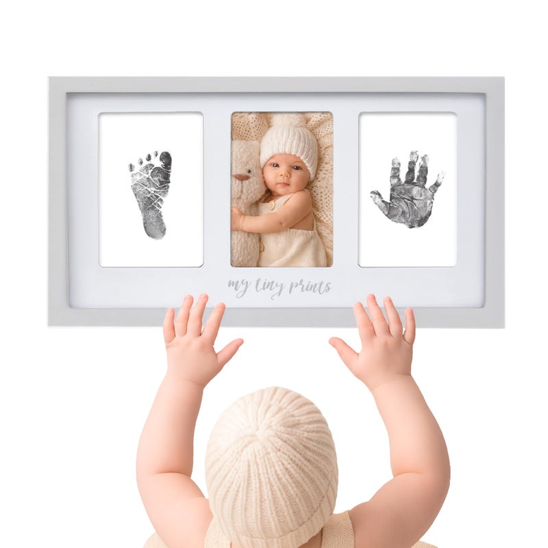Felt Like Sharing My Tiny Prints Newborn Baby Handprint and Footprint Kit - Photo Keepsake Frame with Ink Pad for Baby Hand and Footprints - Great New Parent Present - 17” L x 9.5” H (Gray) - Image 1