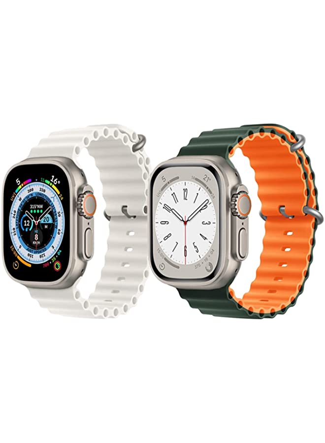 IAF Silicone Ocean Band Strap for Apple Watch Ultra 8 49mm White Single Color Strap with Green/Orange Double Side Strap Set of 2