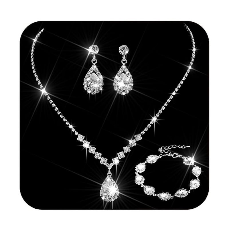 Unicra Rhinestone Necklace Earrings Bracelet Set Silver Bridal Wedding Jewelry Sets Prom Costume Jewelry Set for Women and Brides (D-3 Pack Silver Necklace Bracelet Earrings) - Image 1