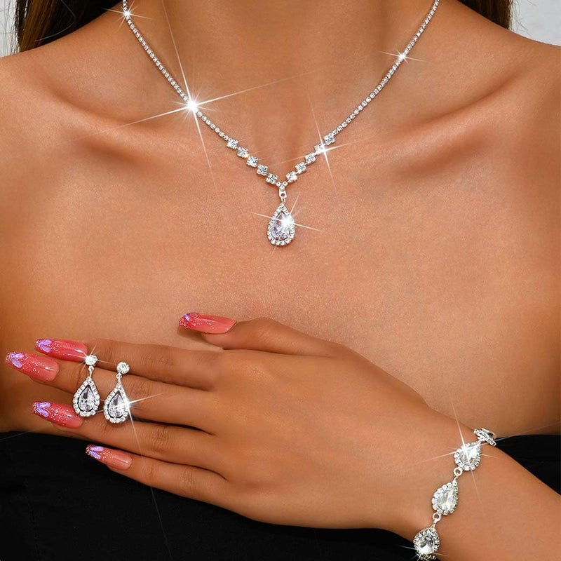 Unicra Rhinestone Necklace Earrings Bracelet Set Silver Bridal Wedding Jewelry Sets Prom Costume Jewelry Set for Women and Brides (D-3 Pack Silver Necklace Bracelet Earrings) - Image 5
