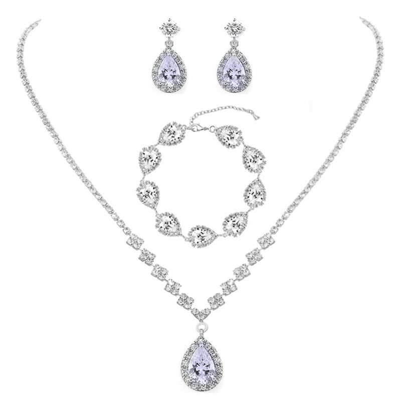 Unicra Rhinestone Necklace Earrings Bracelet Set Silver Bridal Wedding Jewelry Sets Prom Costume Jewelry Set for Women and Brides (D-3 Pack Silver Necklace Bracelet Earrings) - Image 3