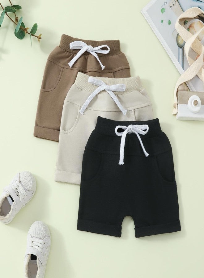 DNOMAID YZARC 3 Pack Toddler Baby Boy Girl Shorts Solid Color Cotton Terry Casual Shorts Elastic Waist Jogger Shorts Pants (Black&Beige&Khaki, 2-3 Years) - Image 3