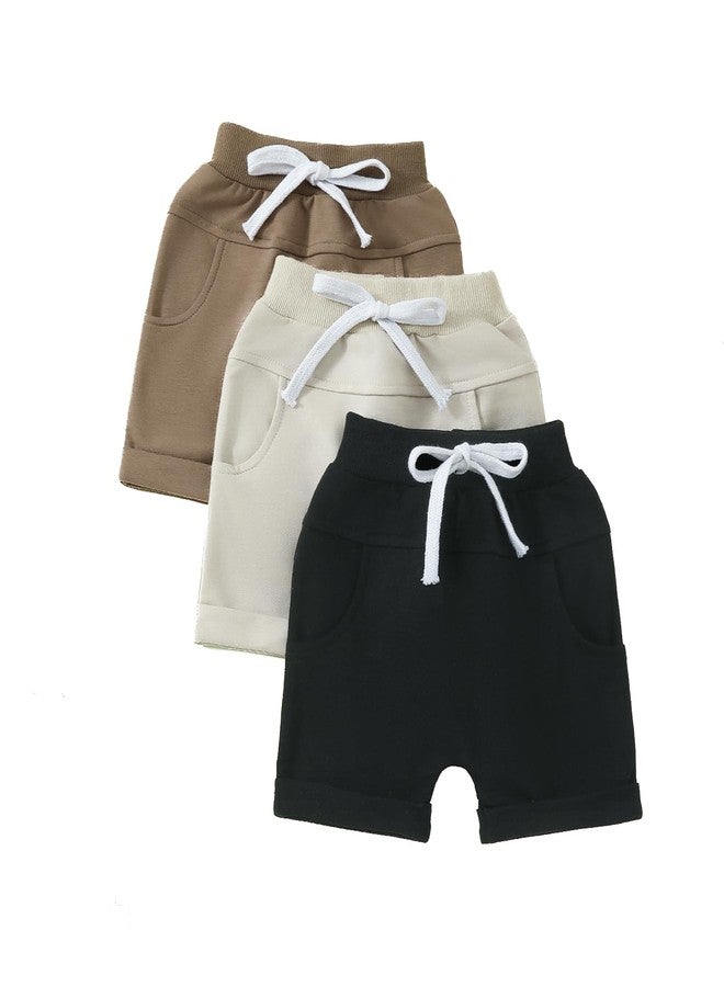 DNOMAID YZARC 3 Pack Toddler Baby Boy Girl Shorts Solid Color Cotton Terry Casual Shorts Elastic Waist Jogger Shorts Pants (Black&Beige&Khaki, 2-3 Years) - Image 1