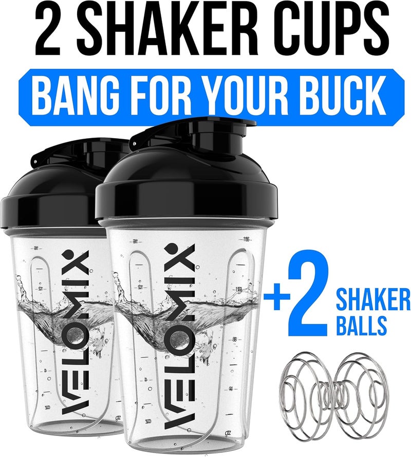 VELOMIX -2 Pack- 20 oz Protein Shaker Bottles for Protein Mixes - 2x Wire Whisk | Leak Proof Shaker Cups for Protein Shakes and Pre Workout | Protein Shaker Bottle Pack | Protein Mixer Cup (Clear Prime) - Image 2