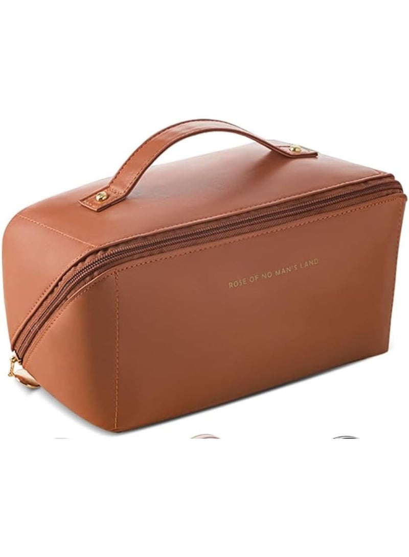 Women's travel cosmetic bag made of high-quality leather with a large capacity, multi-purpose makeup organizer, waterproof, with a handle and divider (Havana) - Image 1