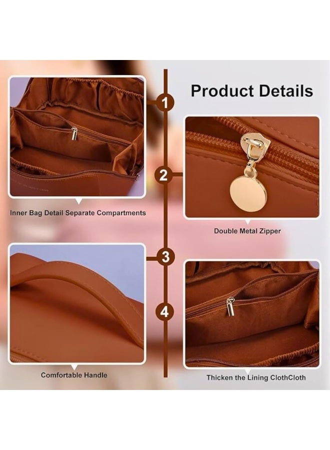 Women's travel cosmetic bag made of high-quality leather with a large capacity, multi-purpose makeup organizer, waterproof, with a handle and divider (Havana) - Image 5
