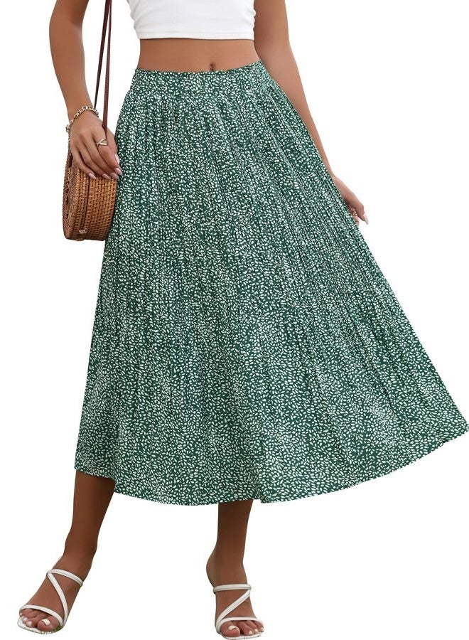 zeagoo Women's Elastic High Waist Skirt Polka Dot Midi Skirts Casual Pleated Skirt with Pockets, Green, L - Image 1