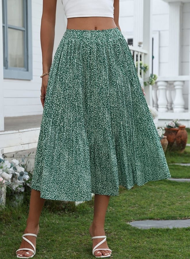 zeagoo Women's Elastic High Waist Skirt Polka Dot Midi Skirts Casual Pleated Skirt with Pockets, Green, L - Image 2