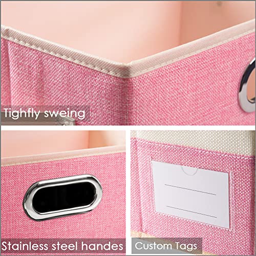 PRANDOM Large Collapsible Storage Baskets for Closet [3-pack] Decorative Fabric Storage Bins Cubes with Leather/Metal Handles for Shelves Bedroom Living Room Pink&Cream (14.9x9.8x8.3 Inch) - Image 4