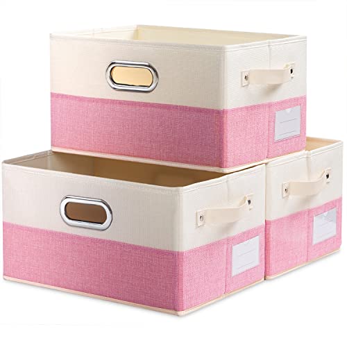 PRANDOM Large Collapsible Storage Baskets for Closet [3-pack] Decorative Fabric Storage Bins Cubes with Leather/Metal Handles for Shelves Bedroom Living Room Pink&Cream (14.9x9.8x8.3 Inch) - Image 1