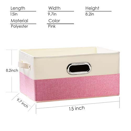 PRANDOM Large Collapsible Storage Baskets for Closet [3-pack] Decorative Fabric Storage Bins Cubes with Leather/Metal Handles for Shelves Bedroom Living Room Pink&Cream (14.9x9.8x8.3 Inch) - Image 5
