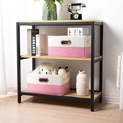 PRANDOM Large Collapsible Storage Baskets for Closet [3-pack] Decorative Fabric Storage Bins Cubes with Leather/Metal Handles for Shelves Bedroom Living Room Pink&Cream (14.9x9.8x8.3 Inch) - Image 2
