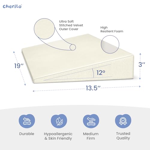 Cherilo Half Size Elevated Wedge Pillow for Baby Crib & Mattress, Helps to Elevate Baby for Acid Reflux, Colic, GERD, Heat Burn & Vomiting | 19" x 13.5" x 3" | - with Removable Velvet Cover - Cream - Image 4