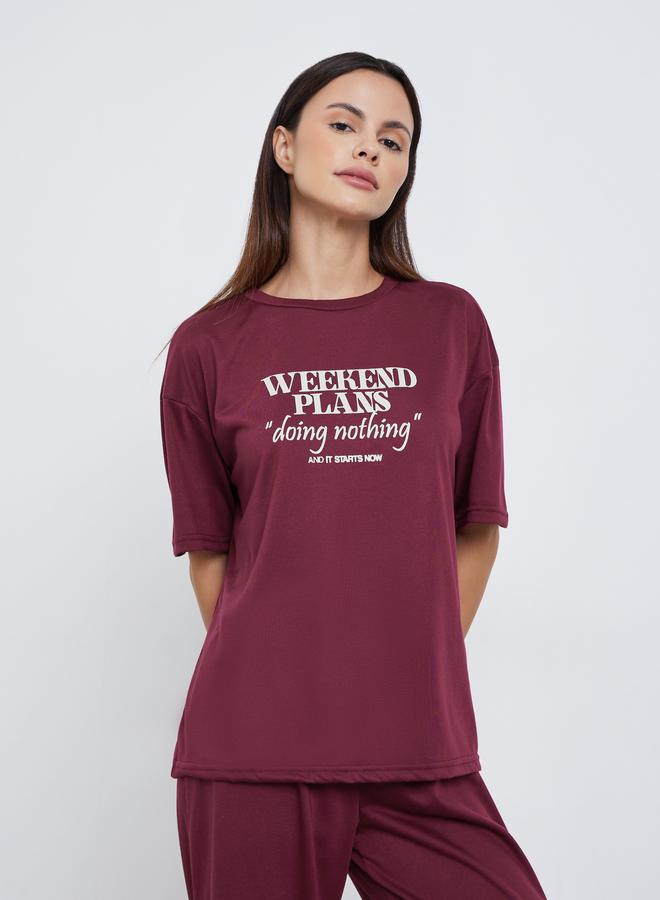 Styli Weekend Plans Slogan T-Shirt and Ruffle Hem Pyjama Set - Image 2