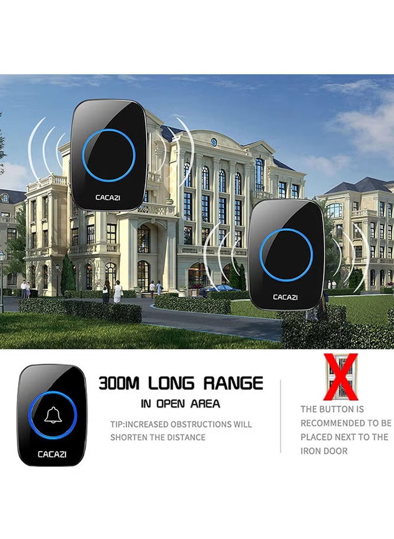 CACAZI Waterproof Wireless Doorbell with LED Flash, Over 1000 Feet Range, 60 Sounds and 5 Levels of Volume, Cordless Doorbell for Home, Office, Apartment, Hotel, Warehouse and Anti-Theft Black - Image 5