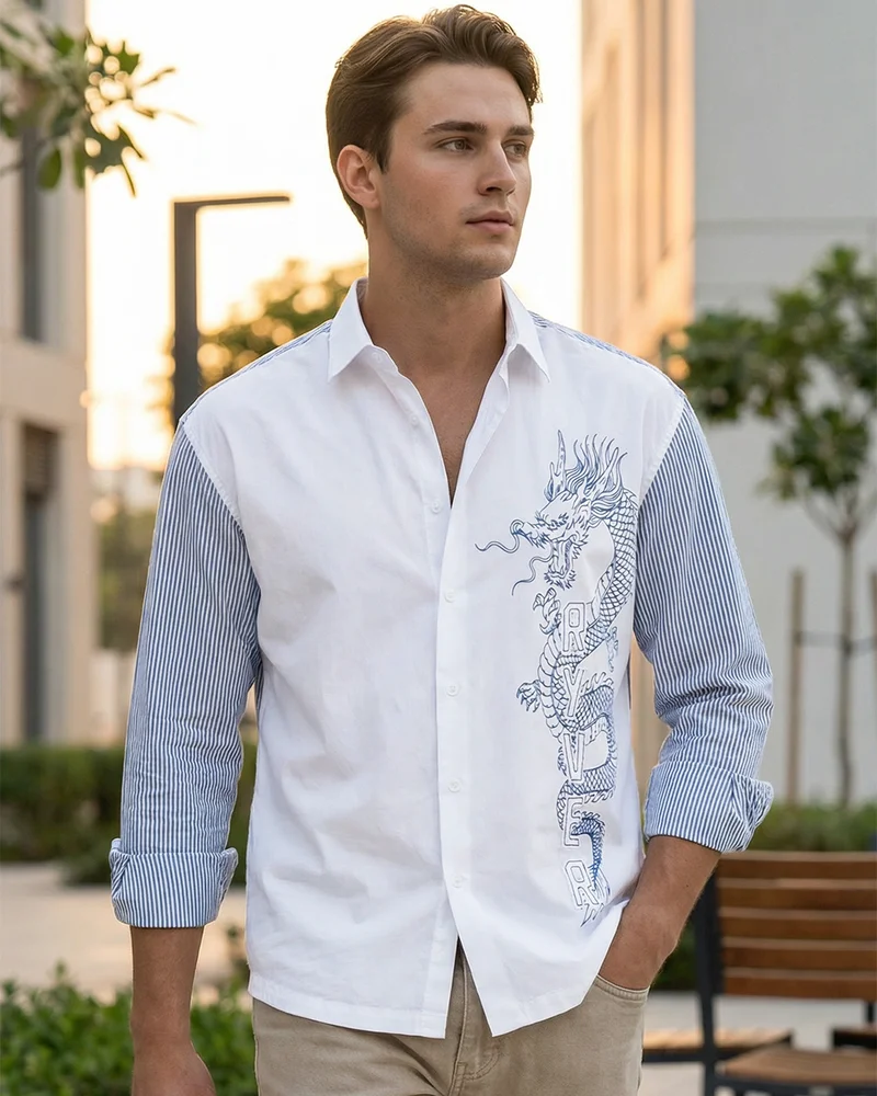 bewakoof Men's Bright White & Blue Striped Applique Oversized Shirt