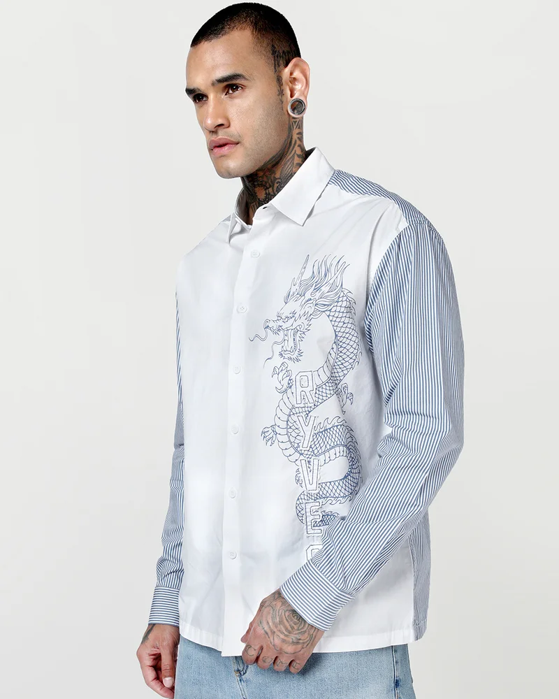 bewakoof Men's Bright White & Blue Striped Applique Oversized Shirt