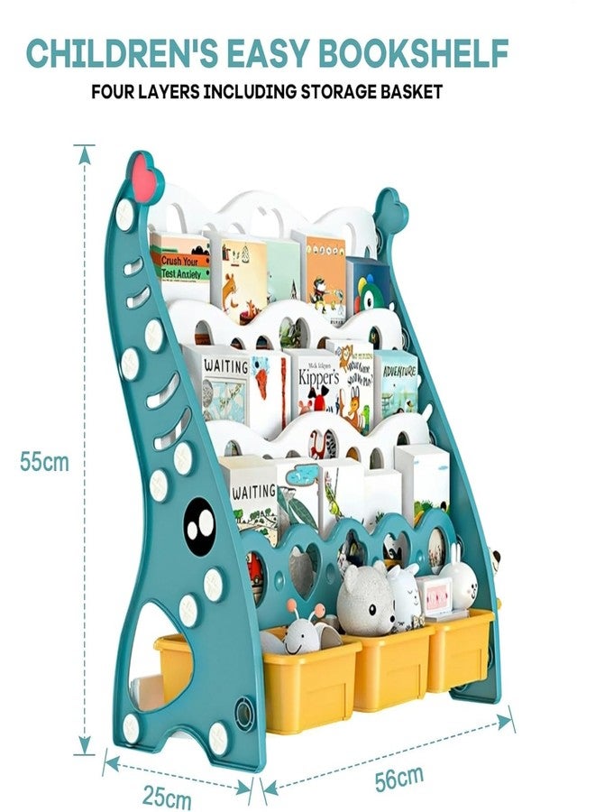Metreno 4 Rack Book Shelf for Kids Room Plastic Kids Book Shelf Rack for Home Small Bookshelf for Babies Babies Toy Storage Organiser with Bin Toddler Book Rack (Green) - Image 2