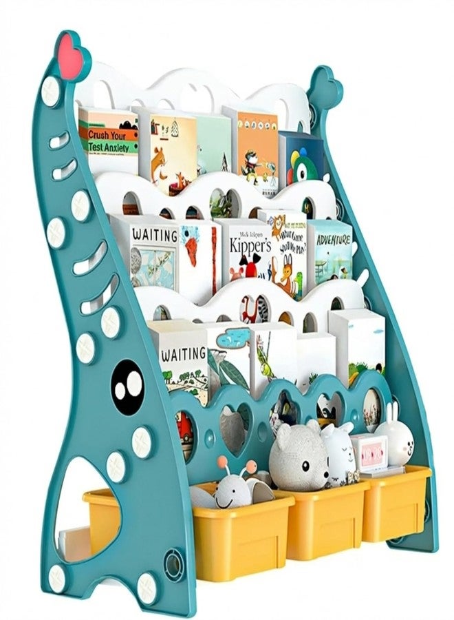 Metreno 4 Rack Book Shelf for Kids Room Plastic Kids Book Shelf Rack for Home Small Bookshelf for Babies Babies Toy Storage Organiser with Bin Toddler Book Rack (Green) - Image 1