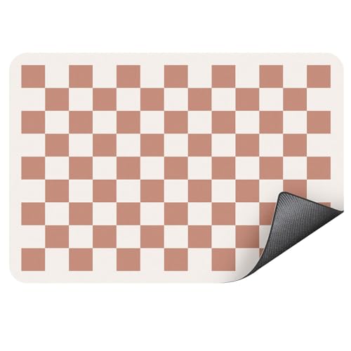 Clinuse Coffee Mats 24x16 Checkered Dish Drying Mat for Kitchen Counter Quick Dry Mat Diatomite Absorbent Aesthetic Large Drying Mats for Coffee Bar Beige White - Image 1