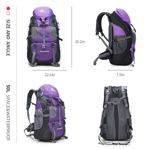 Bseash 50L Hiking Backpack, Water Resistant Lightweight Outdoor Sport Daypack Travel Bag for Camping Climbing Skiing Cycling (Purple - No Shoe Compartment) - Image 2