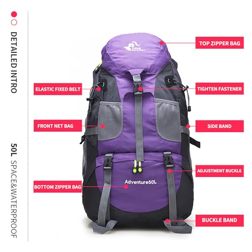 Bseash 50L Hiking Backpack, Water Resistant Lightweight Outdoor Sport Daypack Travel Bag for Camping Climbing Skiing Cycling (Purple - No Shoe Compartment) - Image 5