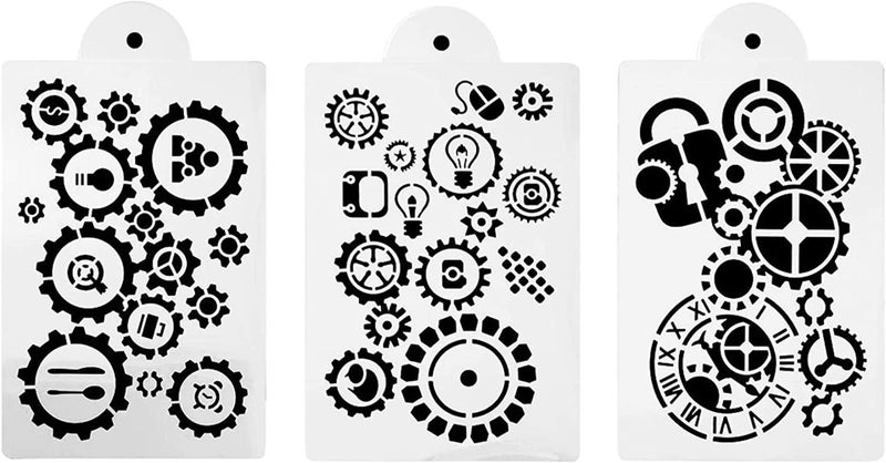 Hyamass 3pcs Gear Pattern Rectangle Shape Hollow Out Painting Stencils Drawing Templates with Handle - Image 1