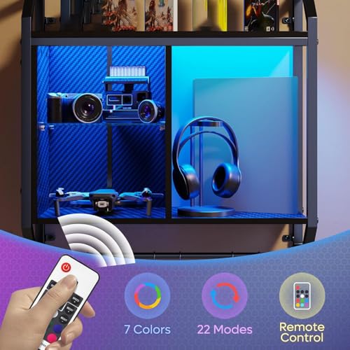 Bestier 25" LED Gaming Floating Shelves for Wall, Wall Mounted Shelf Pipe Adjustable Glass Shelves, Hanging Display Rack with 6 S-Hooks Towel Bar, Gaming Room Decor Shelf, Carbon Fiber Black - Image 3
