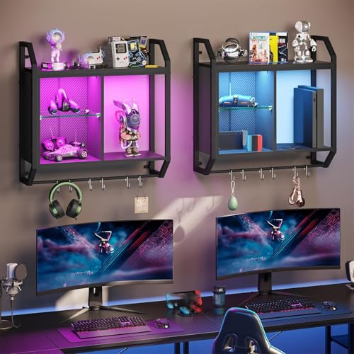 Bestier 25" LED Gaming Floating Shelves for Wall, Wall Mounted Shelf Pipe Adjustable Glass Shelves, Hanging Display Rack with 6 S-Hooks Towel Bar, Gaming Room Decor Shelf, Carbon Fiber Black - Image 2