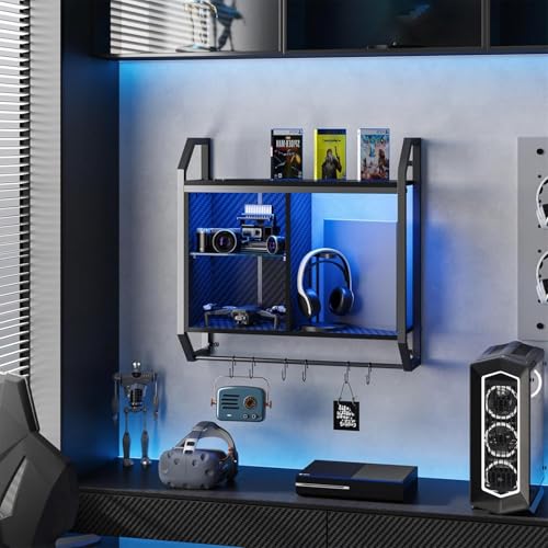 Bestier 25" LED Gaming Floating Shelves for Wall, Wall Mounted Shelf Pipe Adjustable Glass Shelves, Hanging Display Rack with 6 S-Hooks Towel Bar, Gaming Room Decor Shelf, Carbon Fiber Black - Image 5
